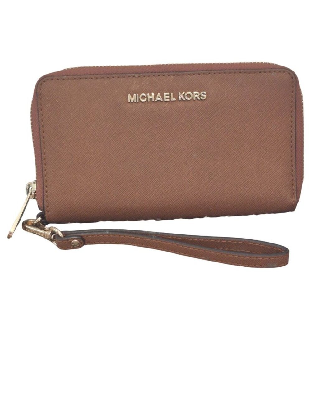 Michael Kors Brown Leather Zip-Around Wristlet Wallet Card Slots Gold Hardware
